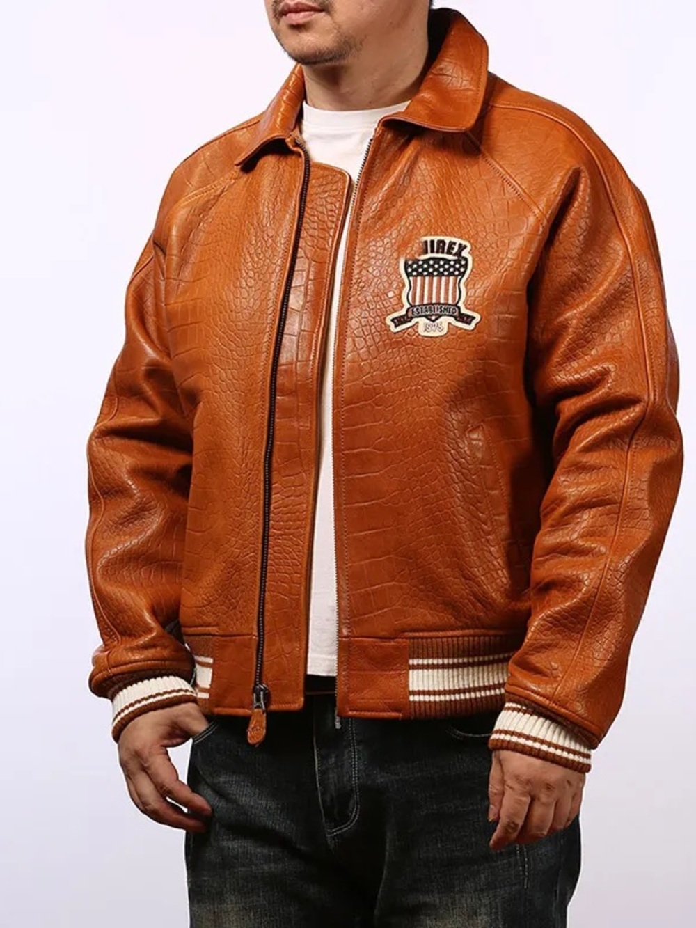 Avirex Croc-Embossed Tan/Brown Bomber Jacket with Crest Patch